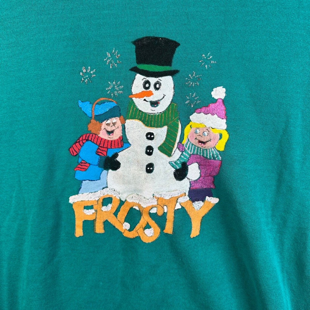 Vtg 90s Frosty The Snowman Painted Glitter Ugly Christmas Sweatshirt Teal XL USA - Picture 3 of 6